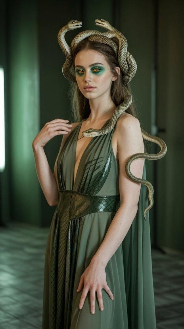 olive green draped chiffon gown with faux snakeskin panel