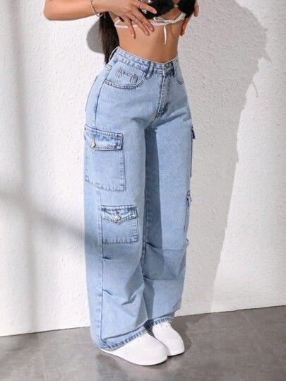 light wash denim cargo jeans with utility pockets