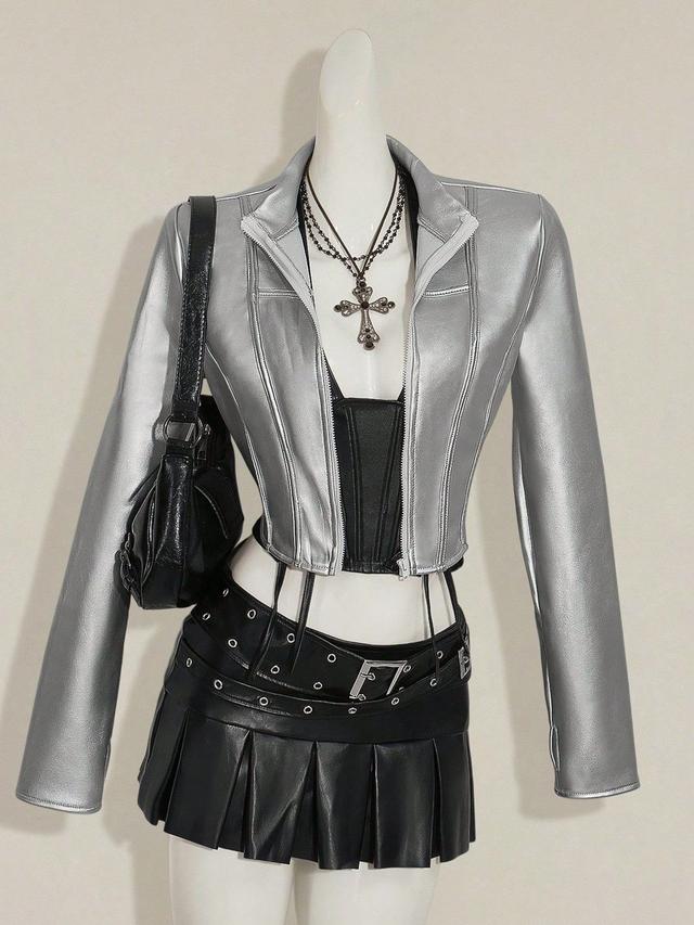 metallic silver cropped zip-up jacket