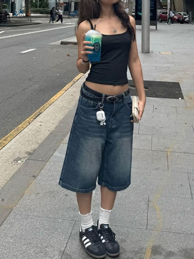 Wide Leg Denim Bermuda Shorts