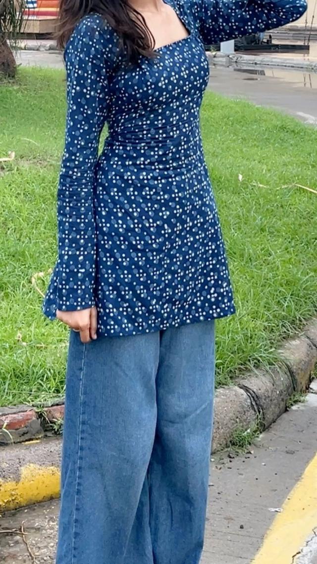 blue polka dot long sleeve square neck top