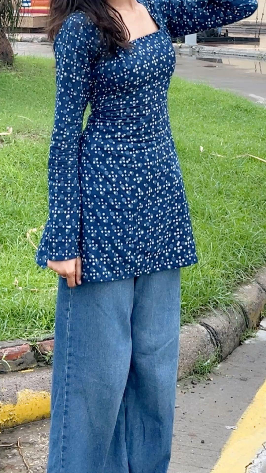 blue polka dot long sleeve square neck top