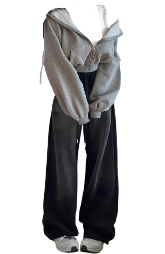 grey cropped zip-up hoodie with white tank and black wide-leg sweatpants