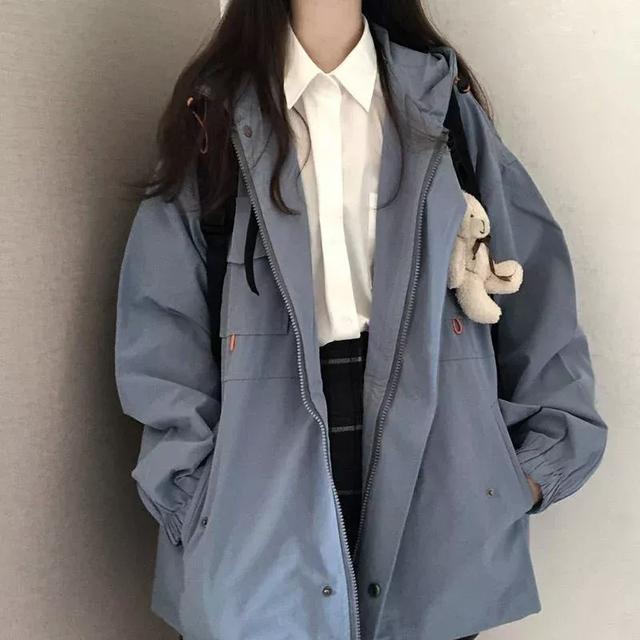 blue utility hooded windbreaker jacket
