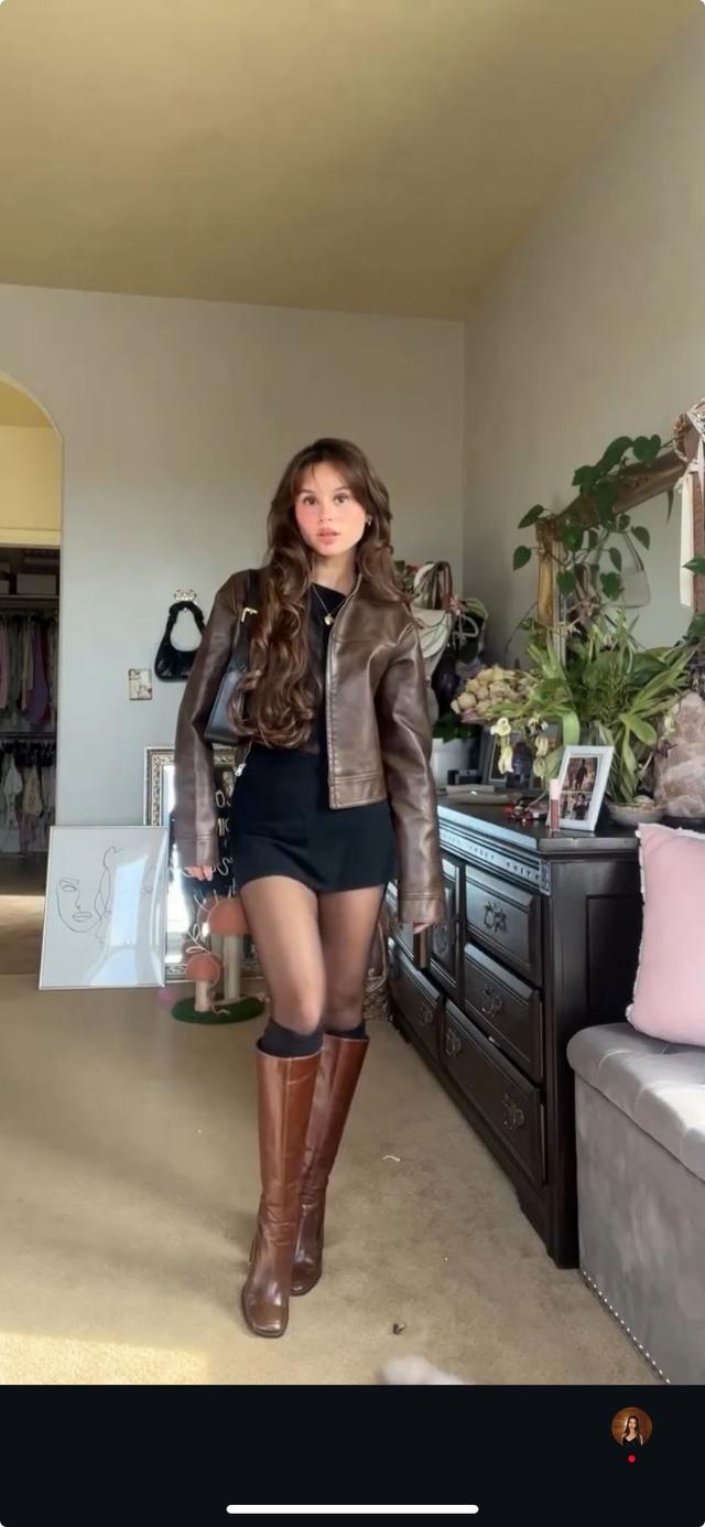 brown cropped faux leather zip-up jacket
