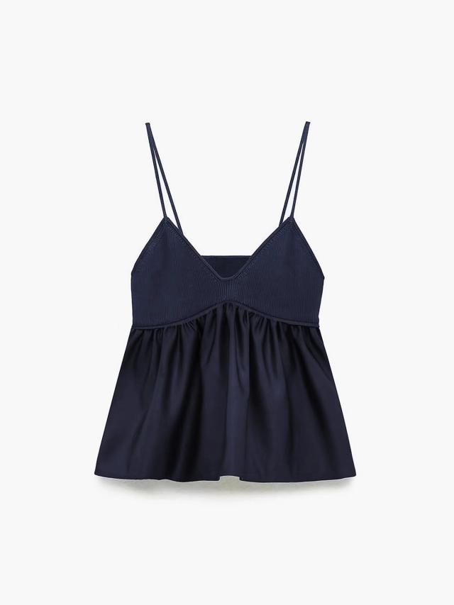 navy blue ribbed camisole with gathered peplum hem