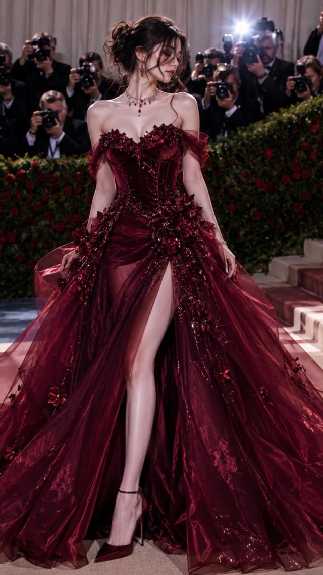 burgundy velvet and tulle embellished corset evening gown