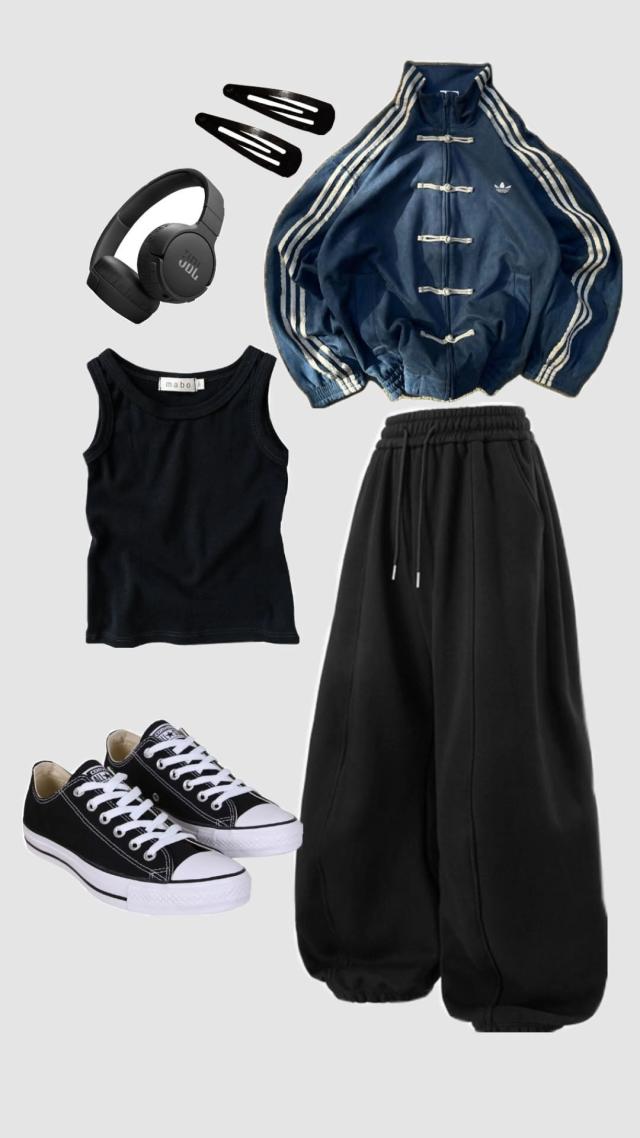 navy track jacket with black tank top and black sweatpants