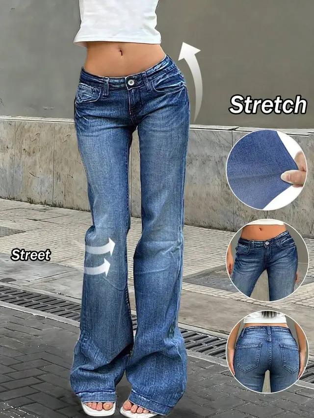 blue denim low rise flared jeans