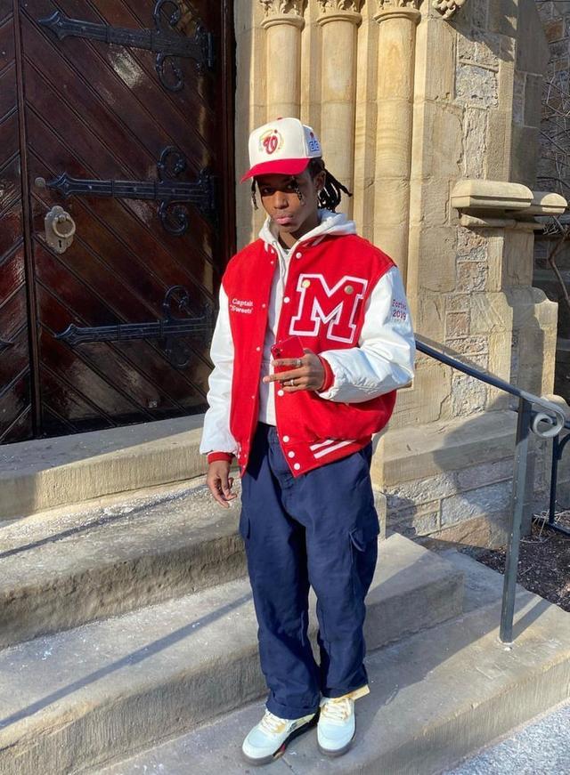red and white wool varsity jacket with embroidery