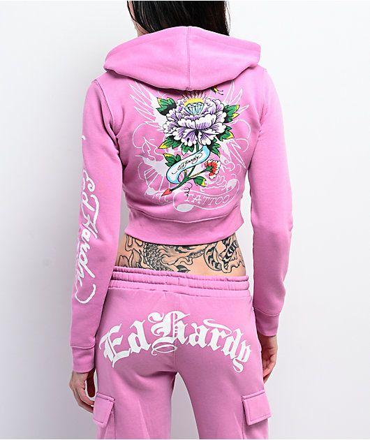 pink cropped zip-up hoodie with floral graphic