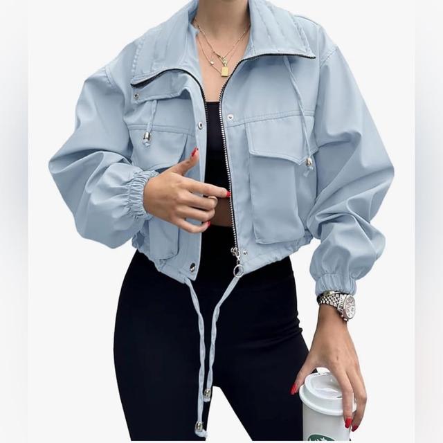 light blue cropped utility jacket with drawstring