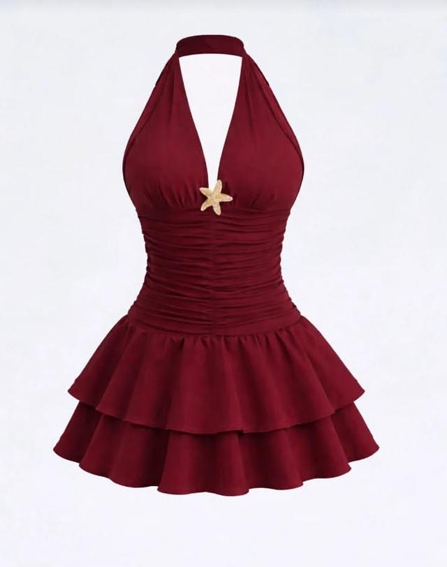 maroon halter neck tiered ruffle swimsuit
