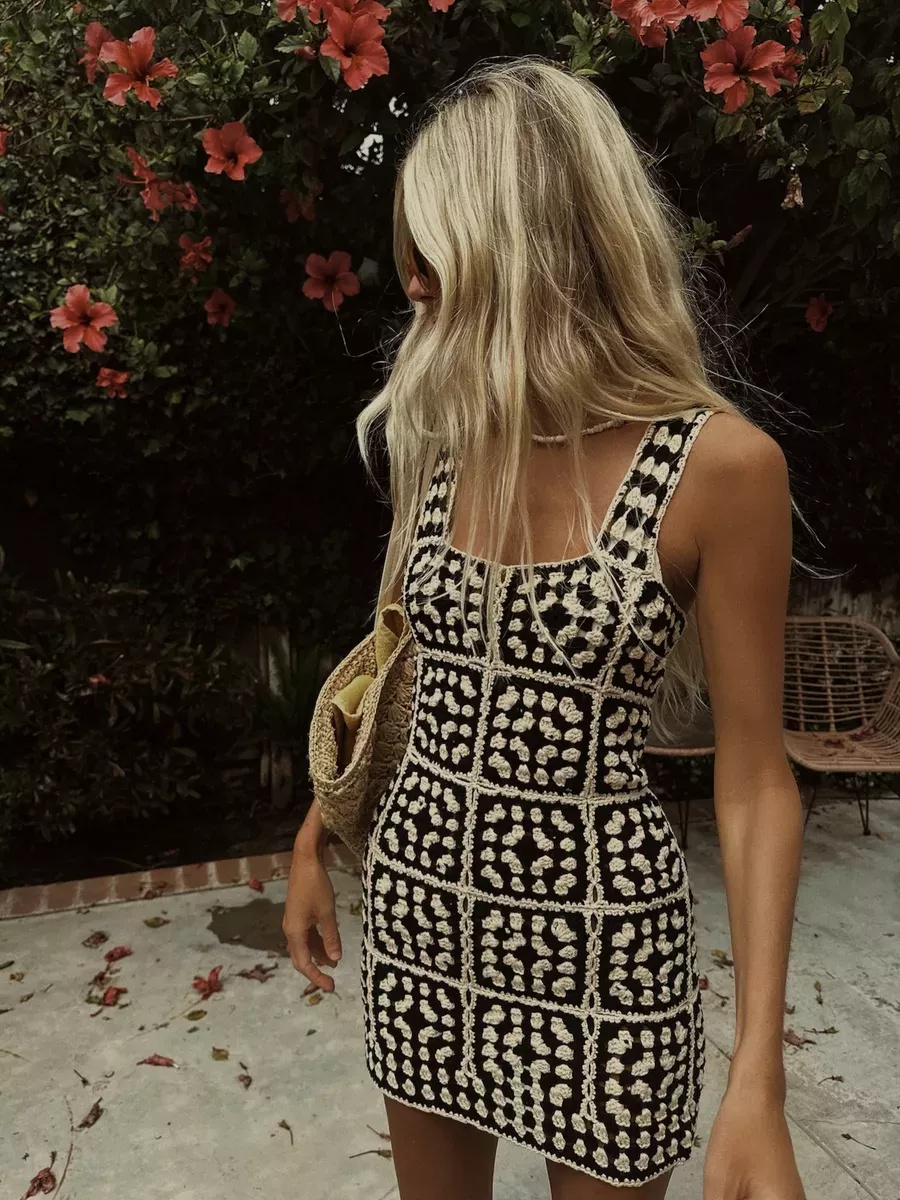 chocolate brown crochet dress Yasiya Midi Dress in Open Crochet Knit Dark Chocolate