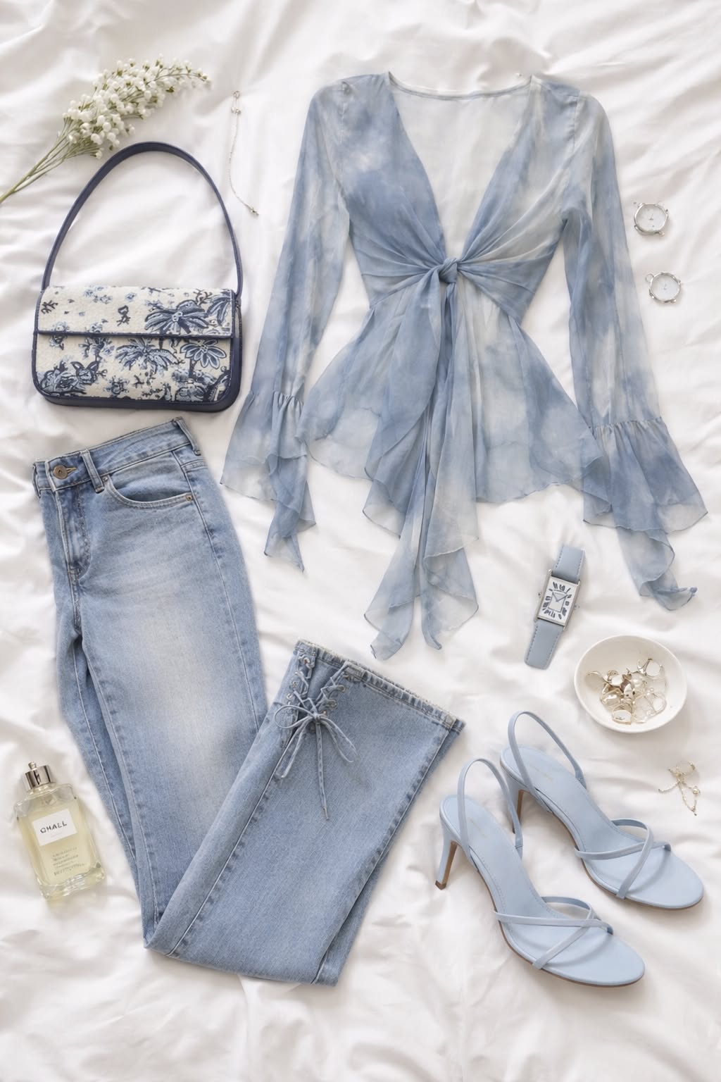 blue tie-front sheer chiffon long sleeve blouse