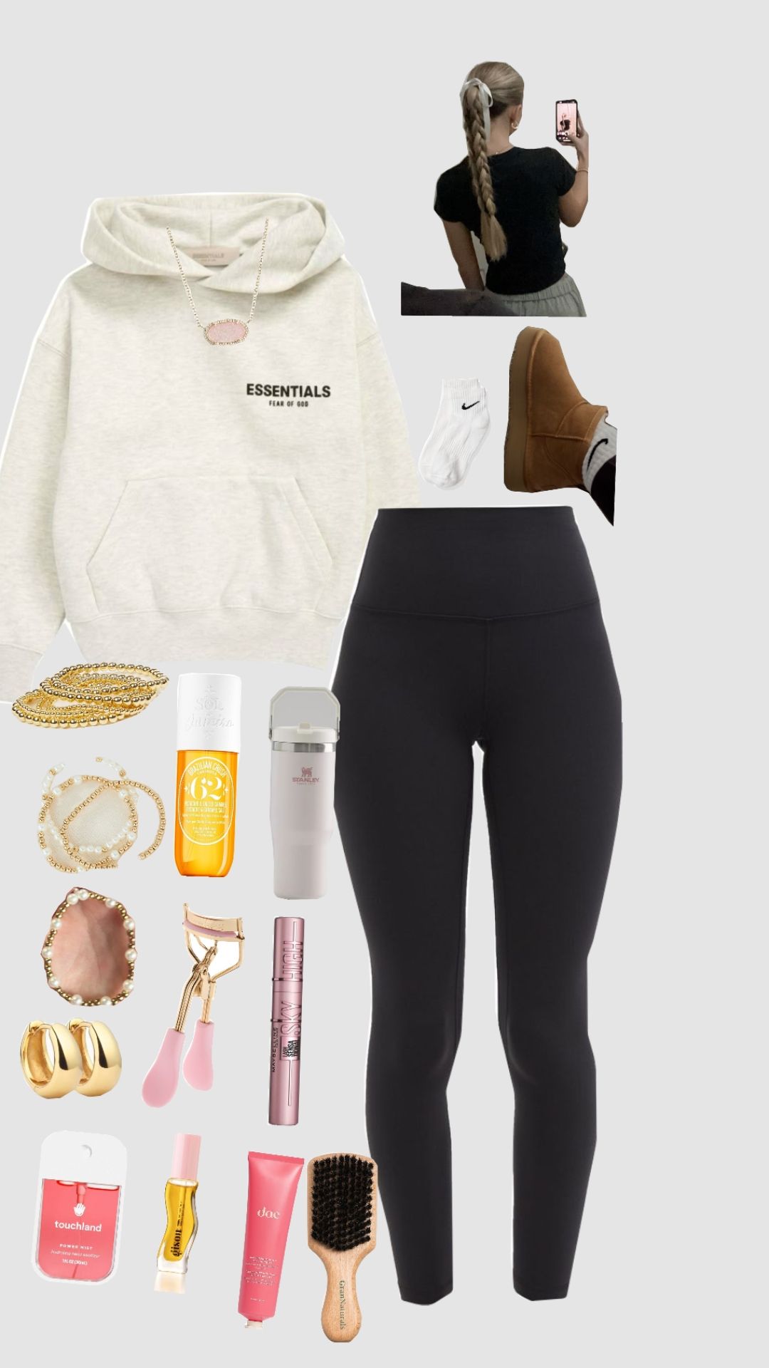cream hoodie with black athletic leggings and black crop top