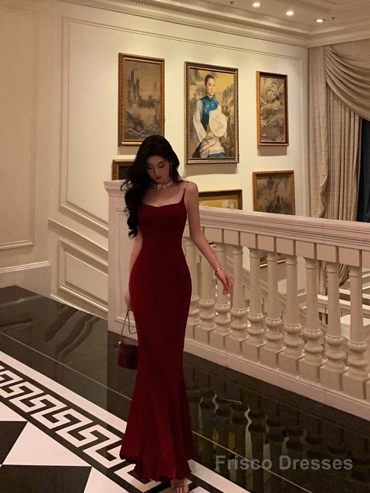 burgundy spaghetti strap evening dress