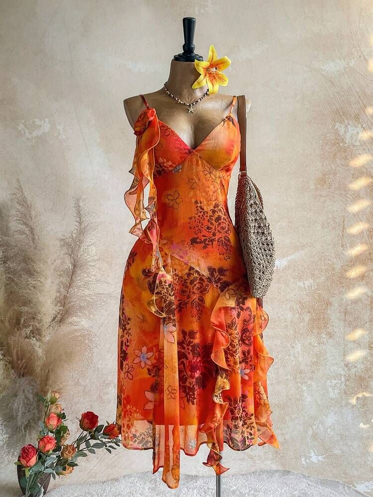 orange floral print chiffon ruffled midi dress
