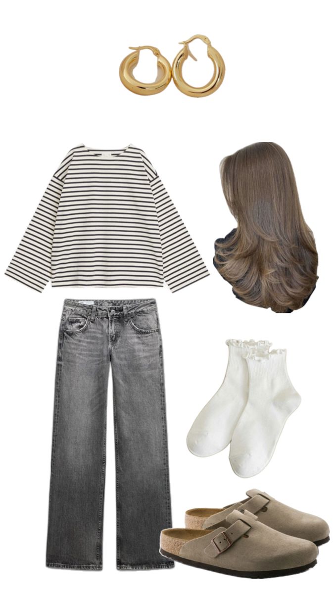 striped long sleeve cotton top with grey denim jeans