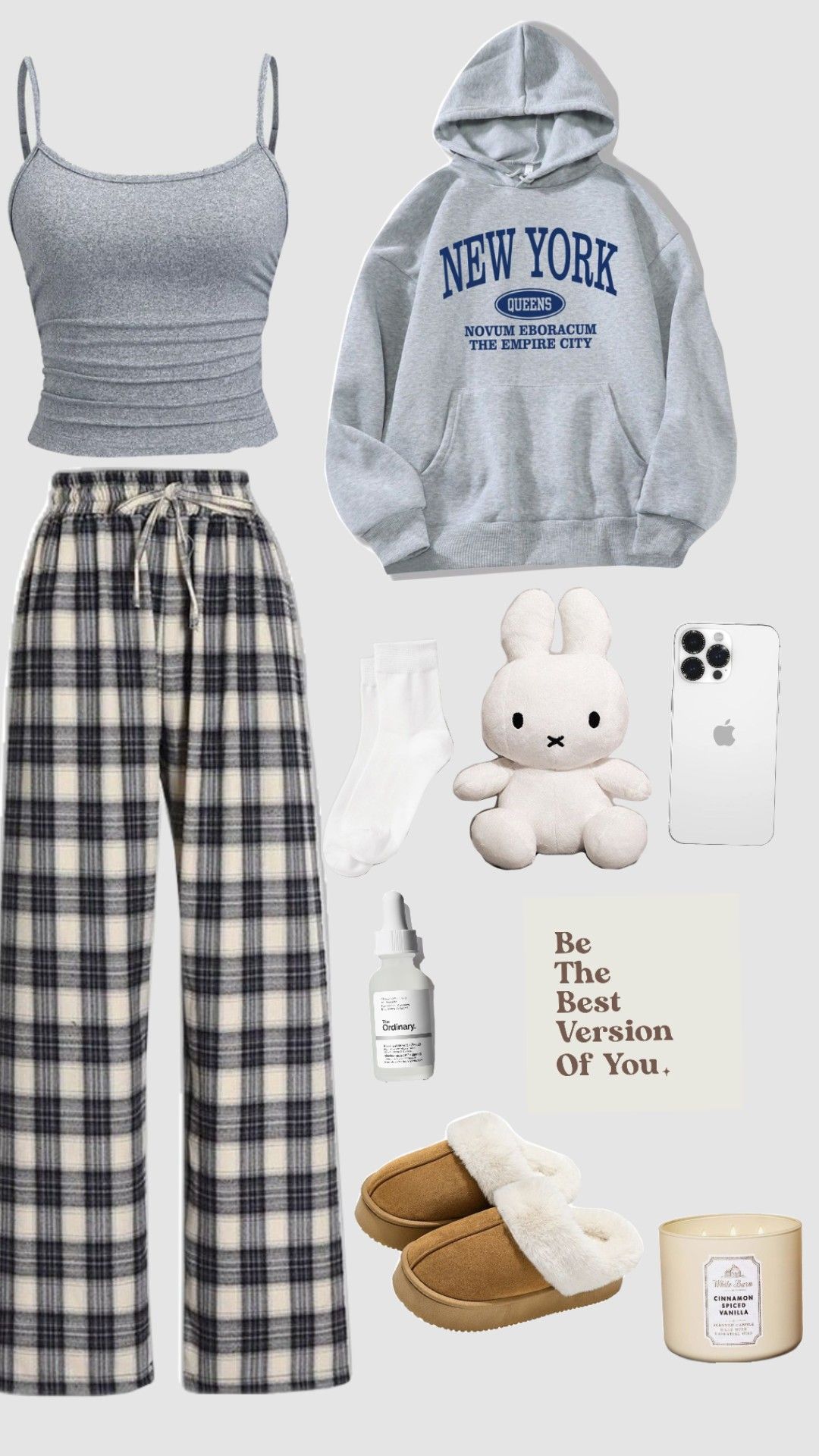 grey ribbed camisole with plaid drawstring trousers