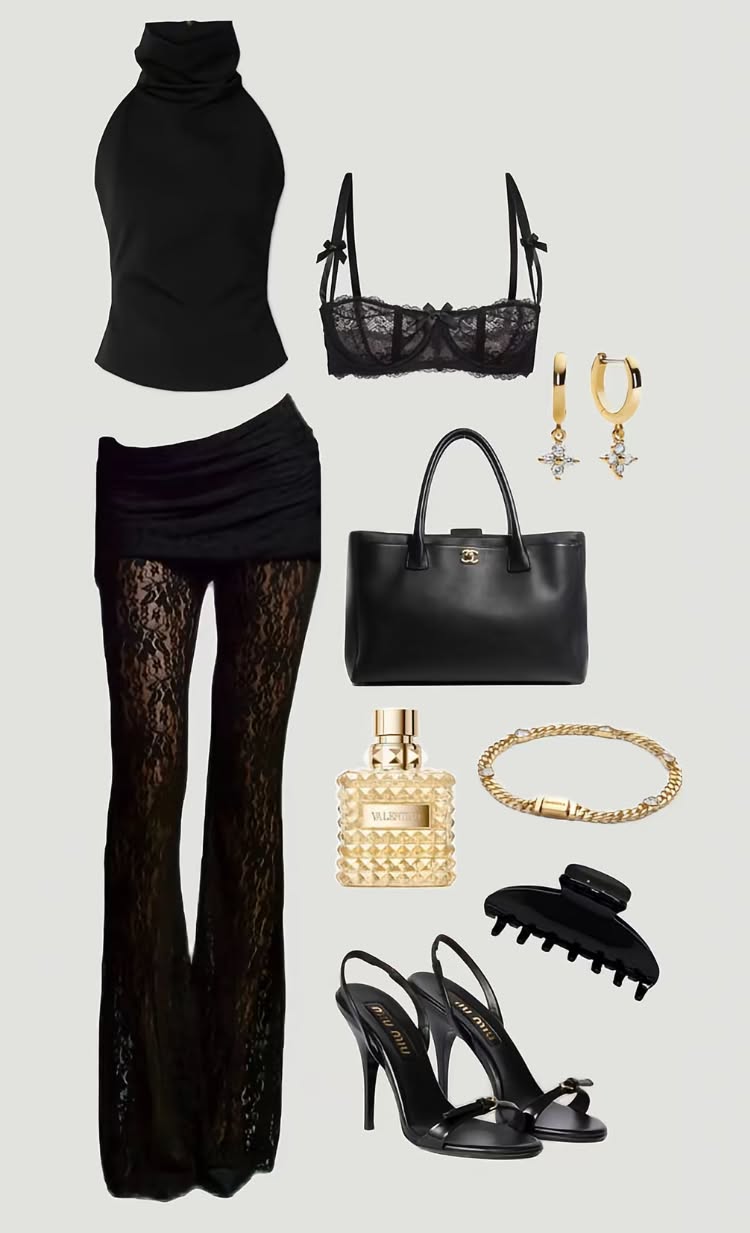 black mock neck sleeveless top with black mini skirt and lace lingerie