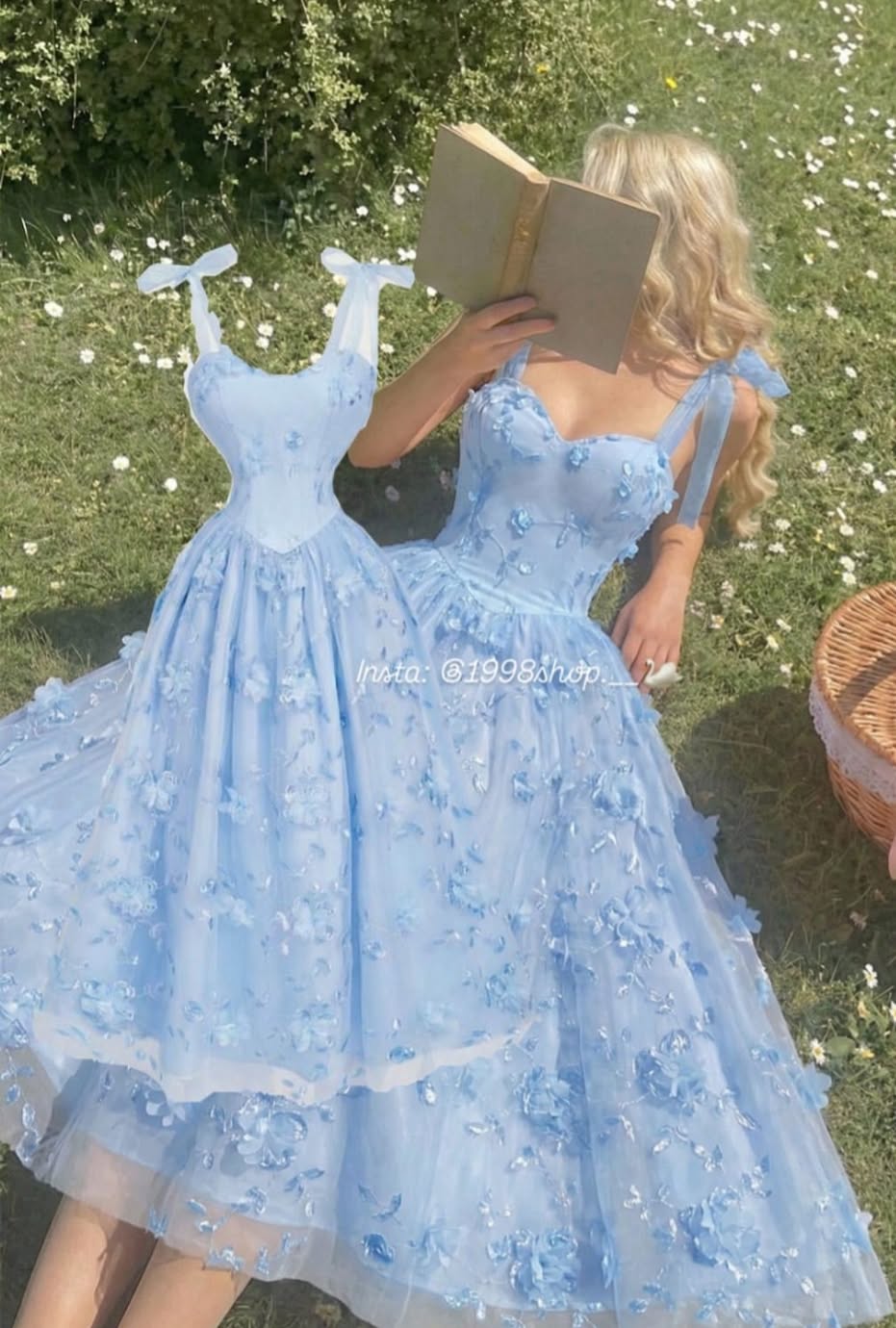 light blue tulle midi dress with floral appliqué