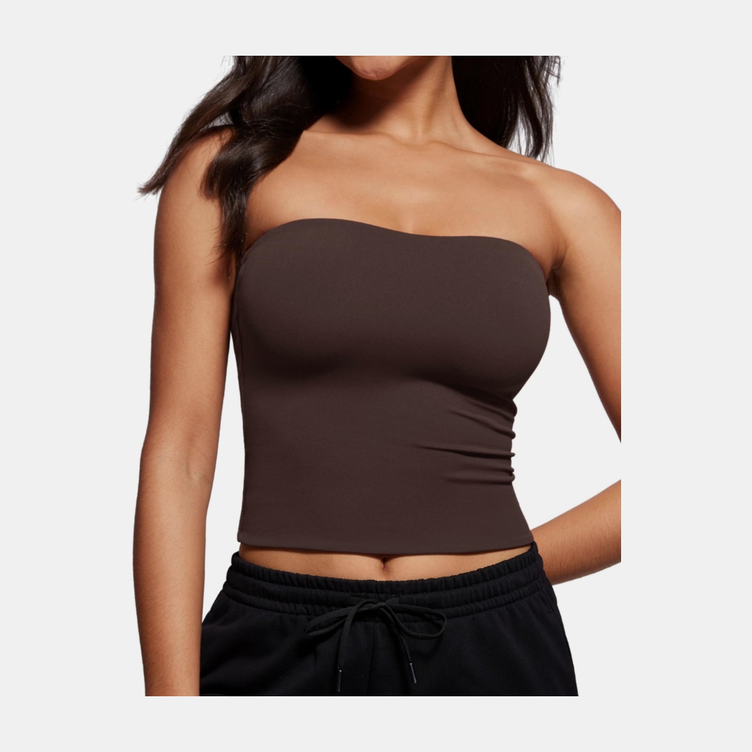 brown strapless tube top with black drawstring sweatpants