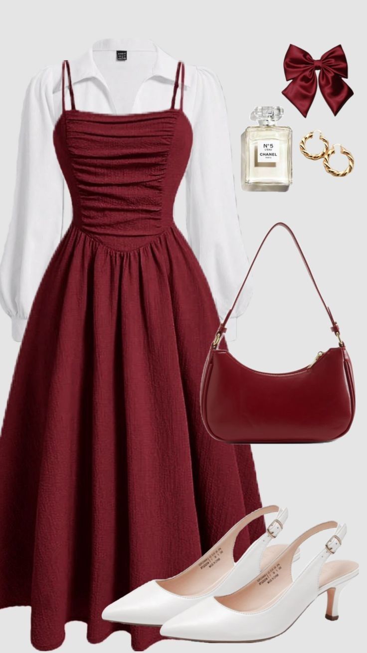 burgundy midi dress with white long sleeves