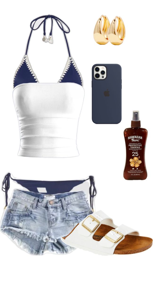 white tube top with navy halter bikini top and distressed denim shorts
