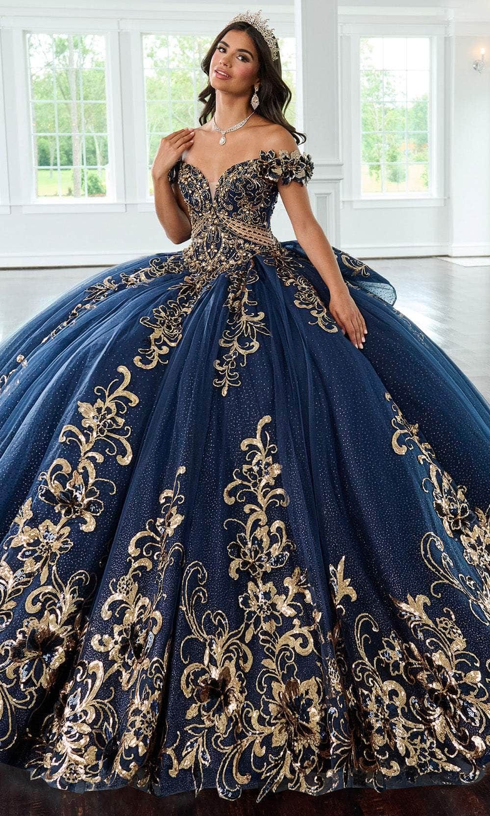 navy tulle ballgown with gold floral embroidery