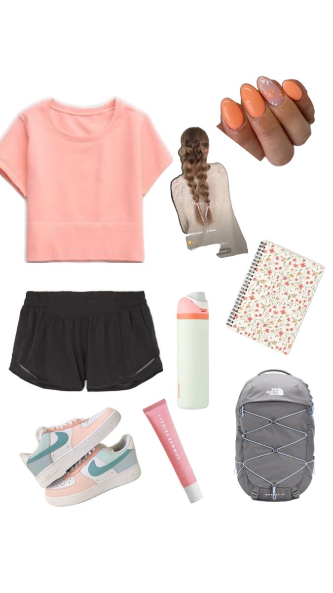 peach cropped t-shirt with black athletic shorts