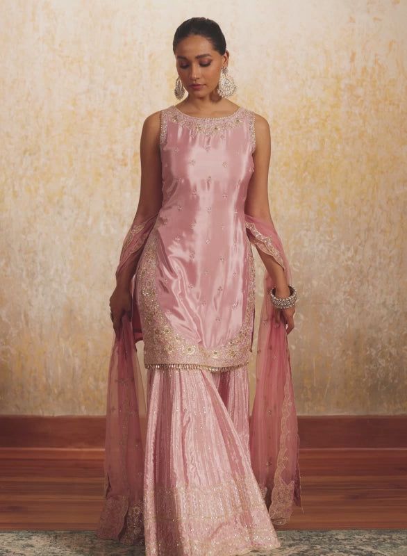 blush pink silk kurta with matching sharara and dupatta