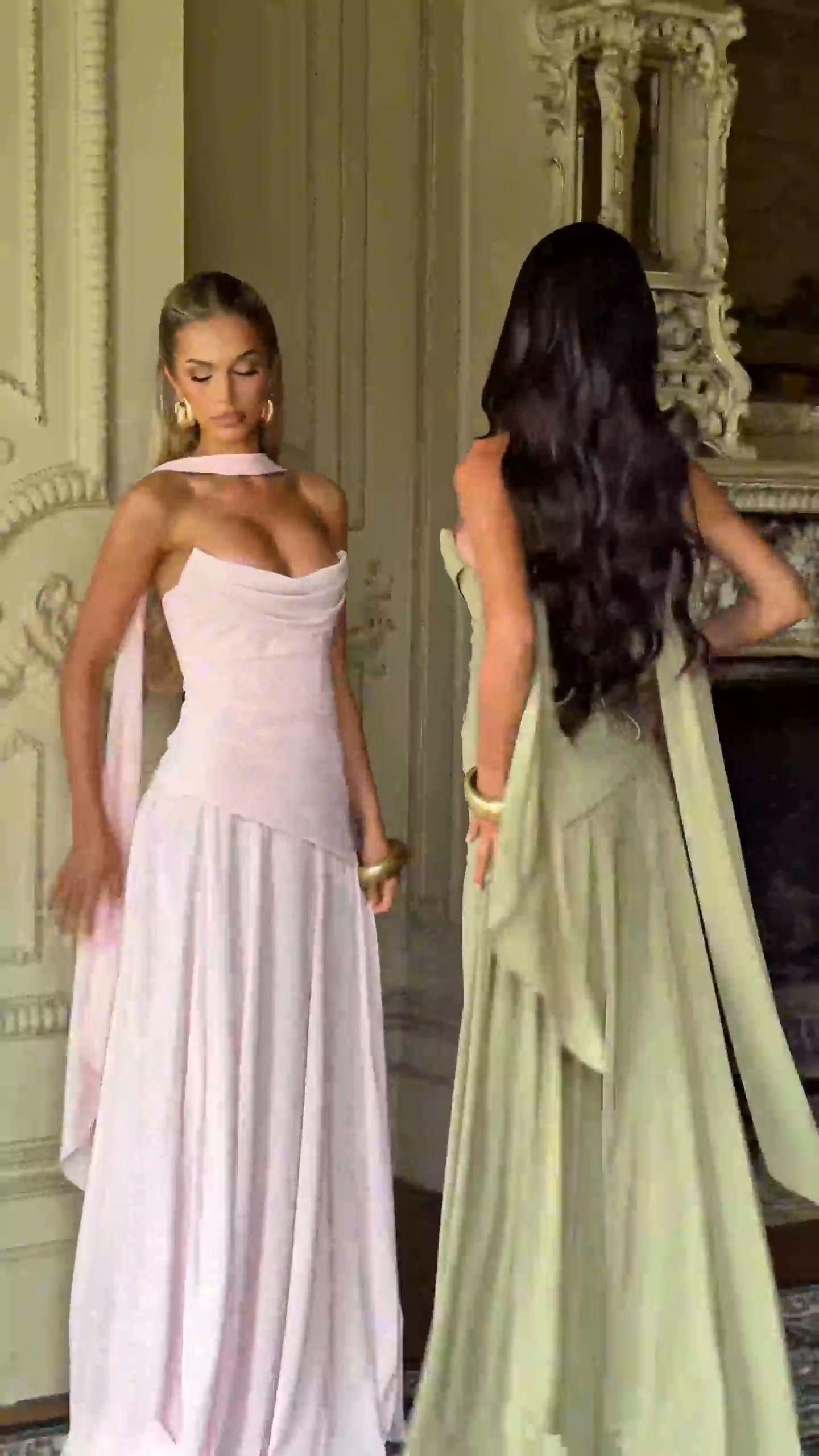 sage green draped silk chiffon evening gown