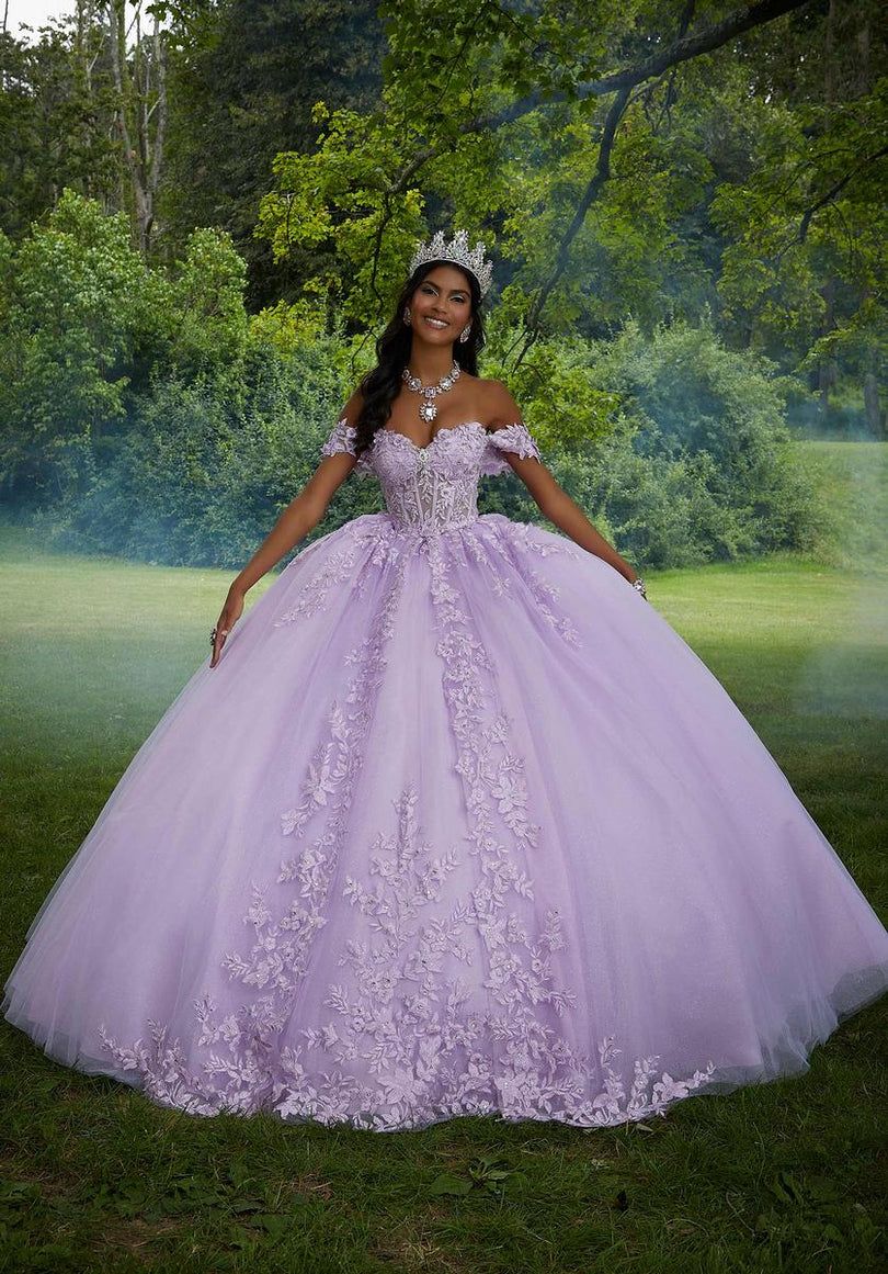 lavender off-shoulder tulle ballgown with floral lace appliqué