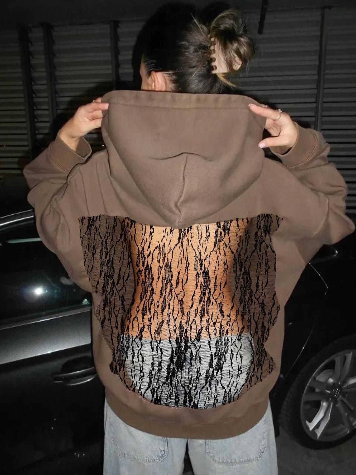 brown oversized hoodie with black lace back panel