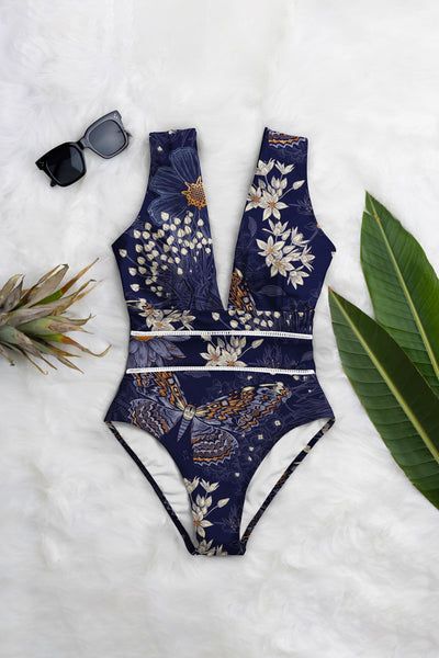 floral print deep v-neck one-piece swimsuit