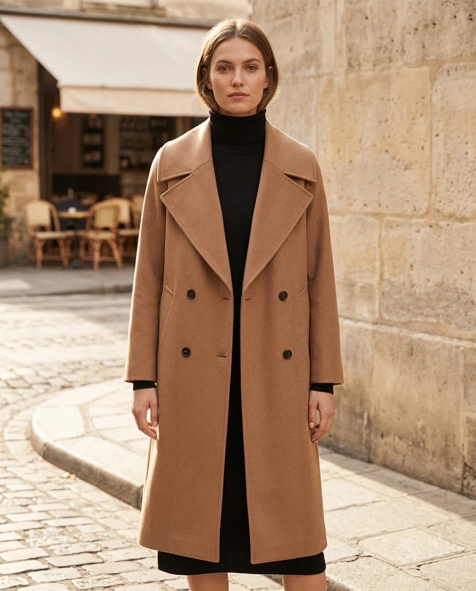 Camel coat with black dress work wedding outfit