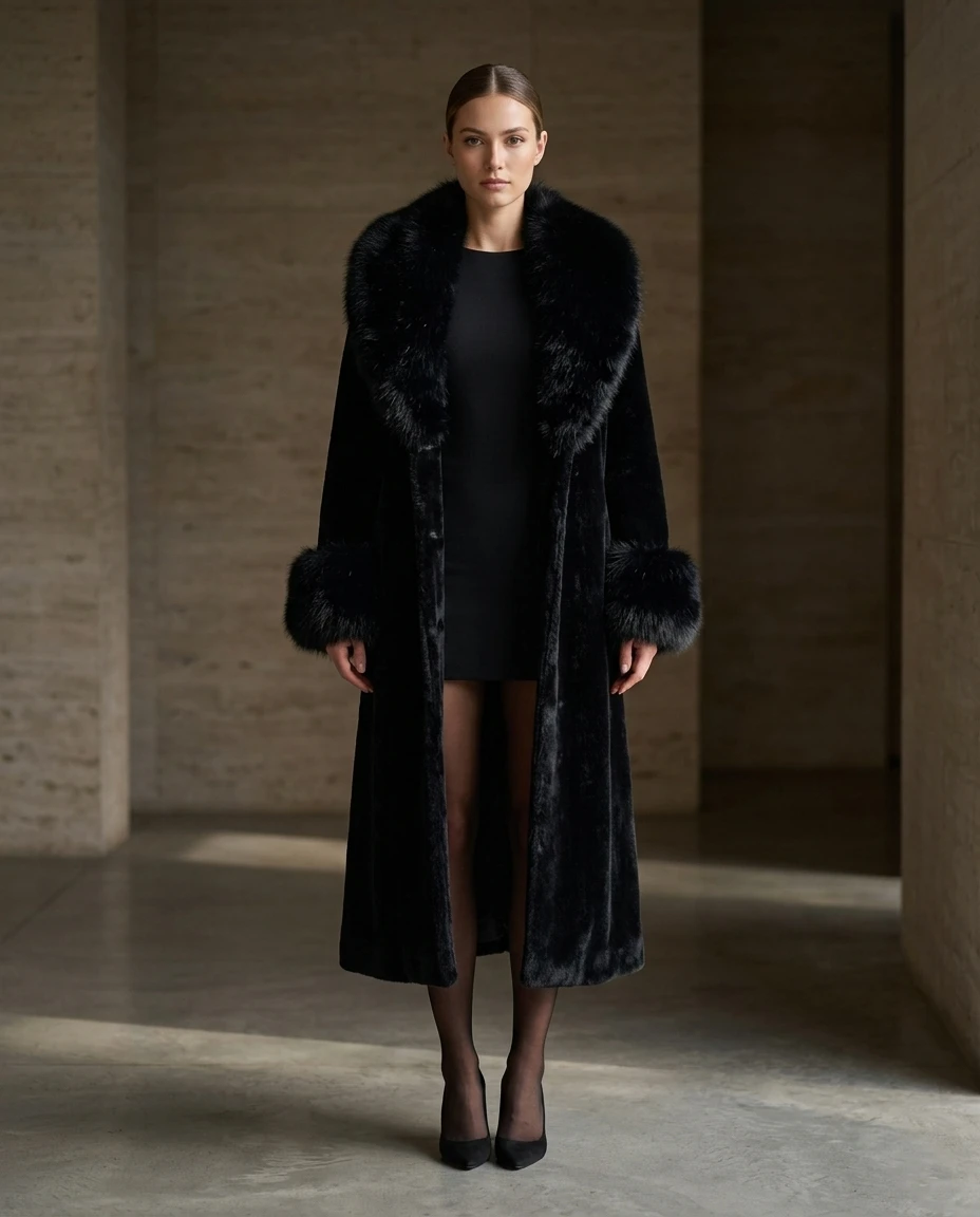 Faux fur coat over black dress for winter brunch