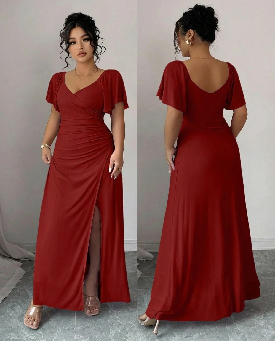 v-neck ruffle sleeve wrap pleated slit dress