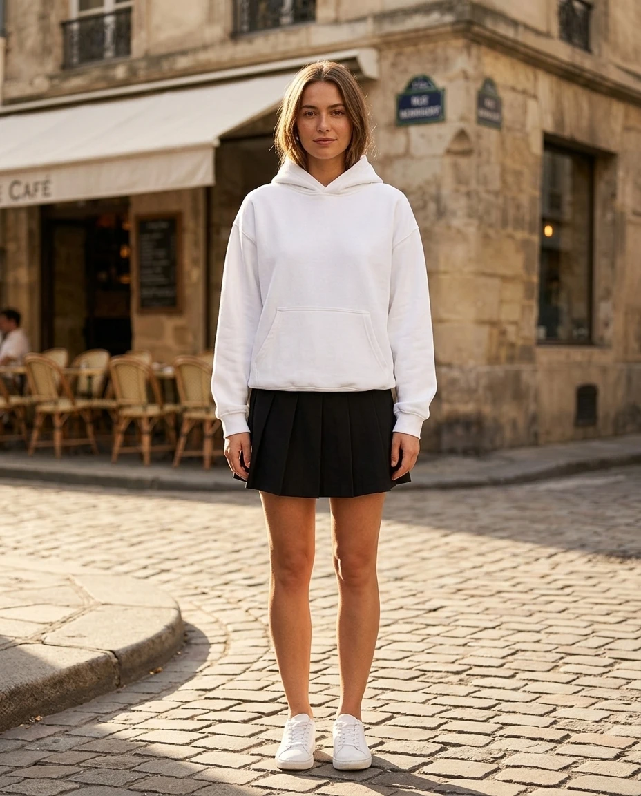 Woman in a hoodie-style knit with a tailored skirt