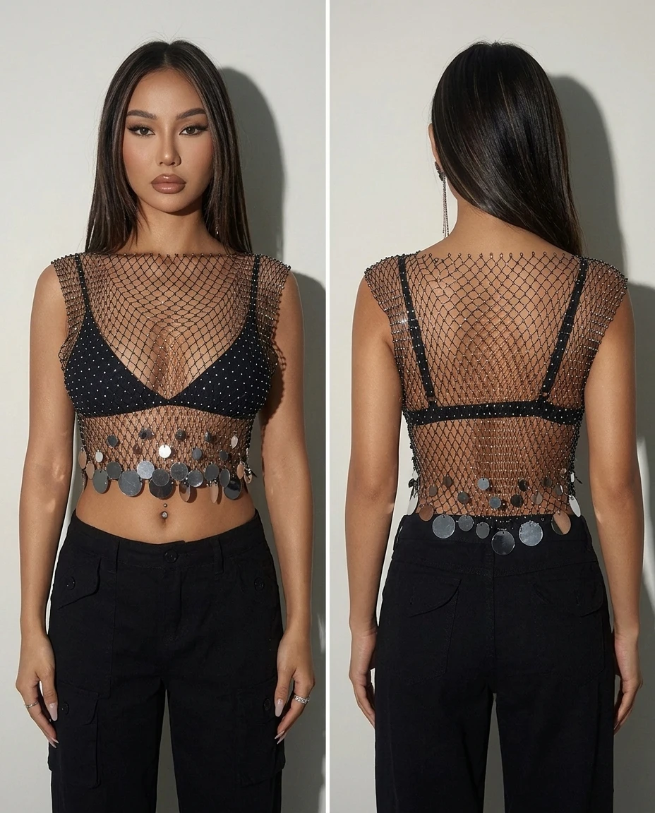black embellished mesh top with metallic discs