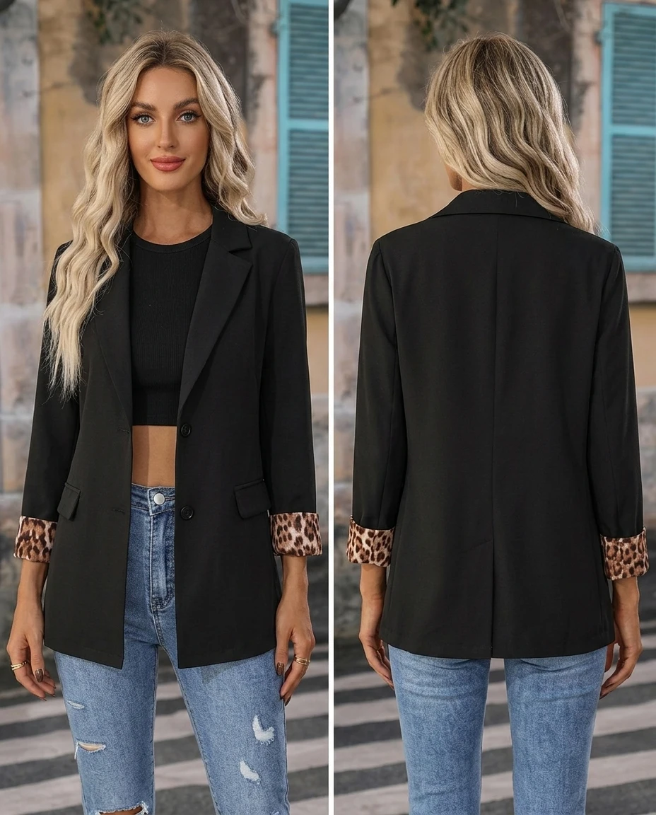 black notched collar blazer with leopard print cuffs