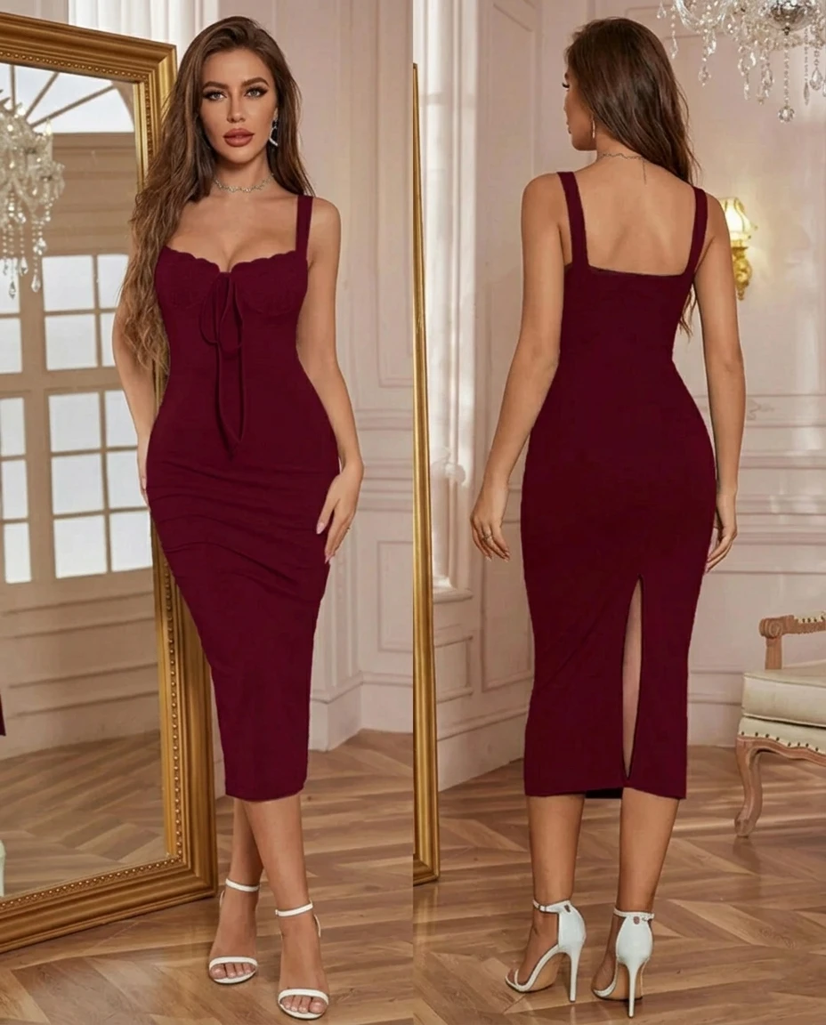 burgundy trim bodycon midi dress