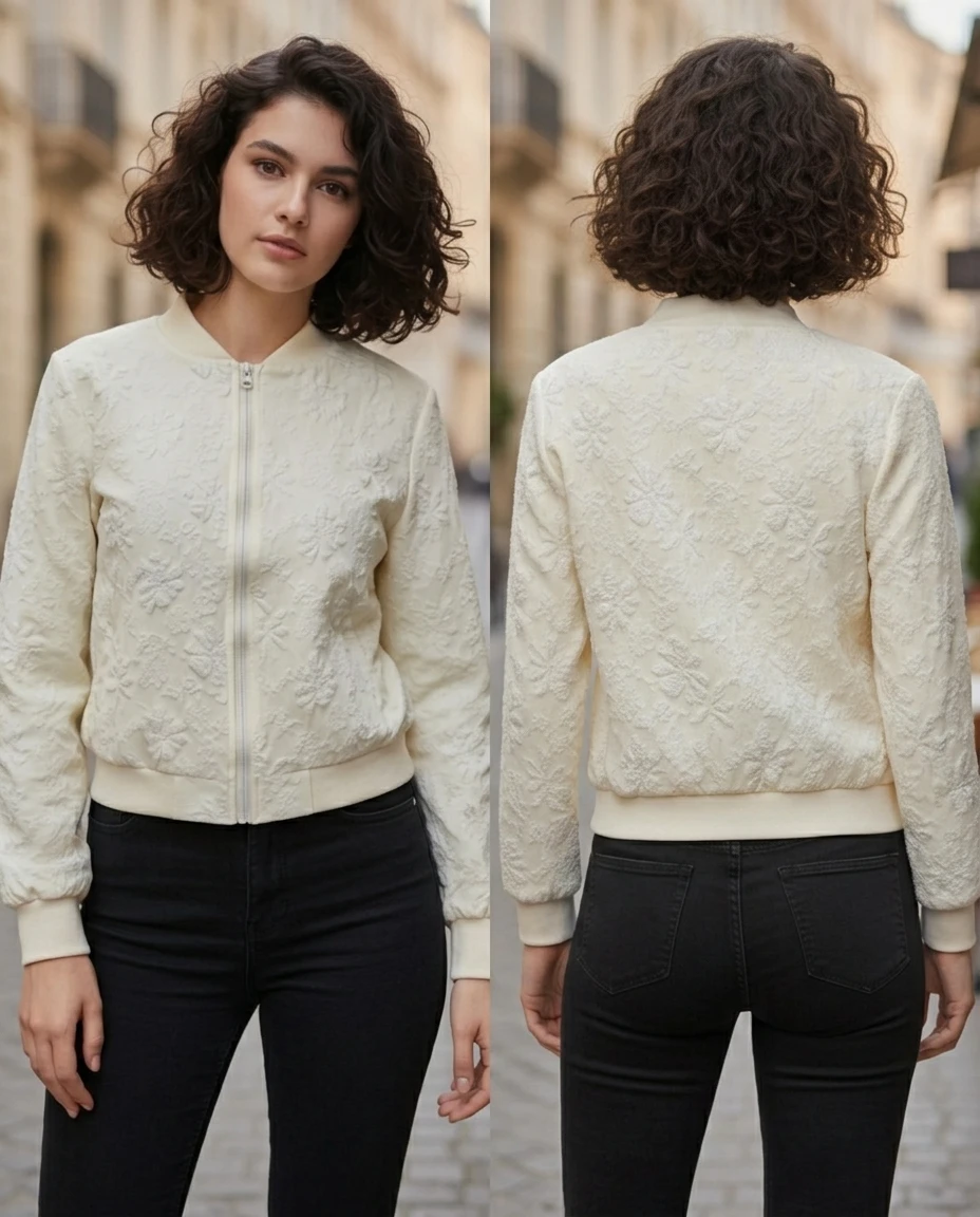 off white floral textured crew neck bomber jacket