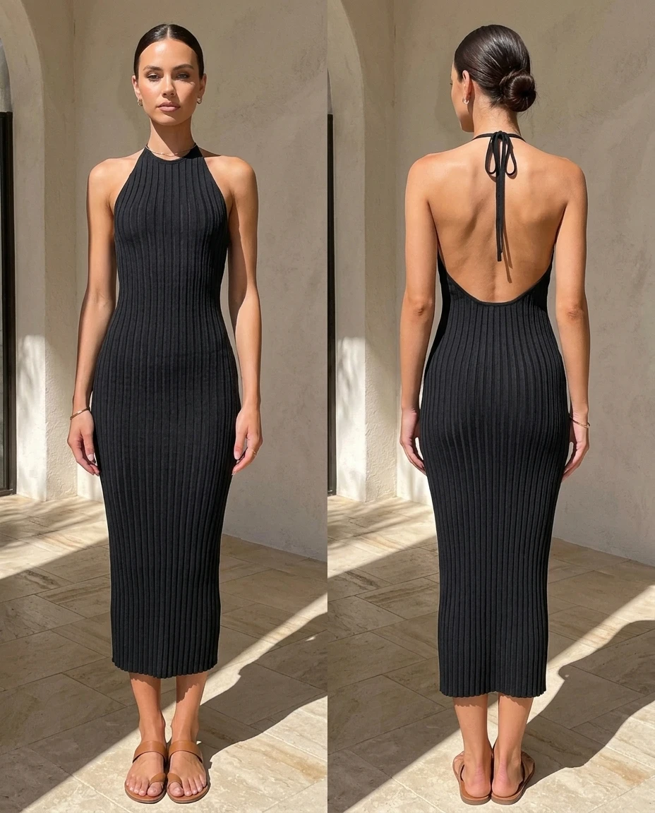 black ribbed halter neck dress GUESS USA halter-neck Ribbed Knit Midi Dress | Black