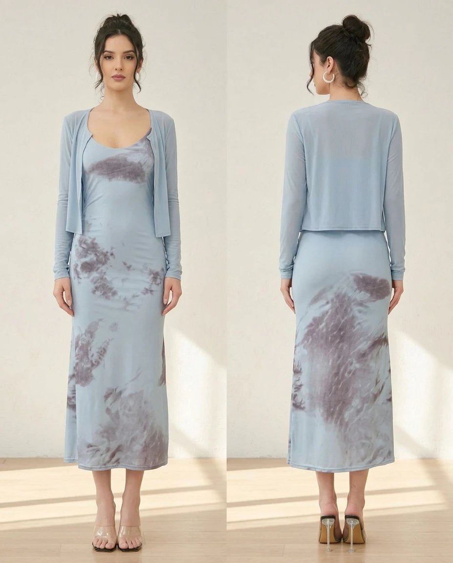 light blue tie-dye midi dress with matching shrug