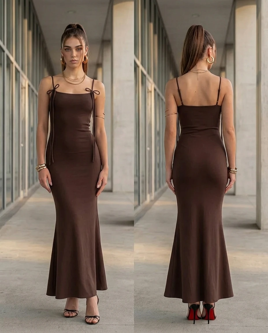brown mermaid hem strappy maxi dress
