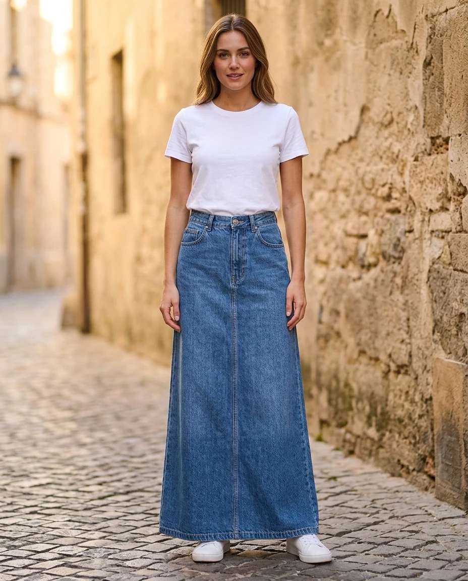 Denim maxi skirt with a classic white t-shirt
