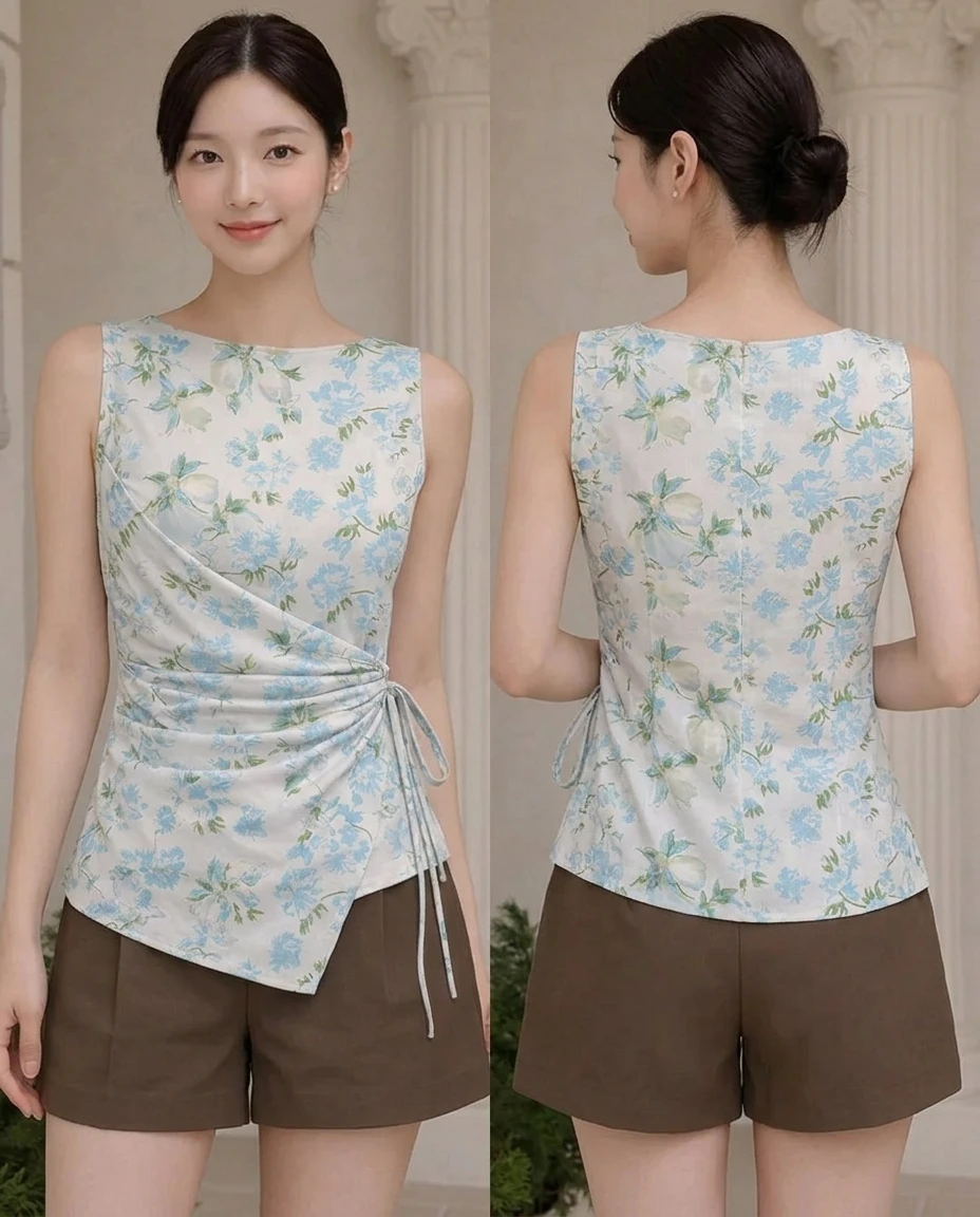boat neck asymmetrical hem floral sleeveless top in white and blue