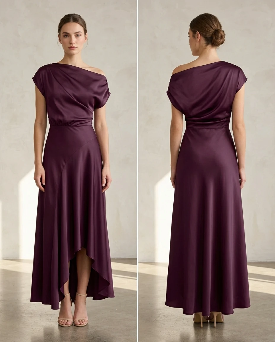 asymmetrical boat neck ruffle maxi dress in wine maroon